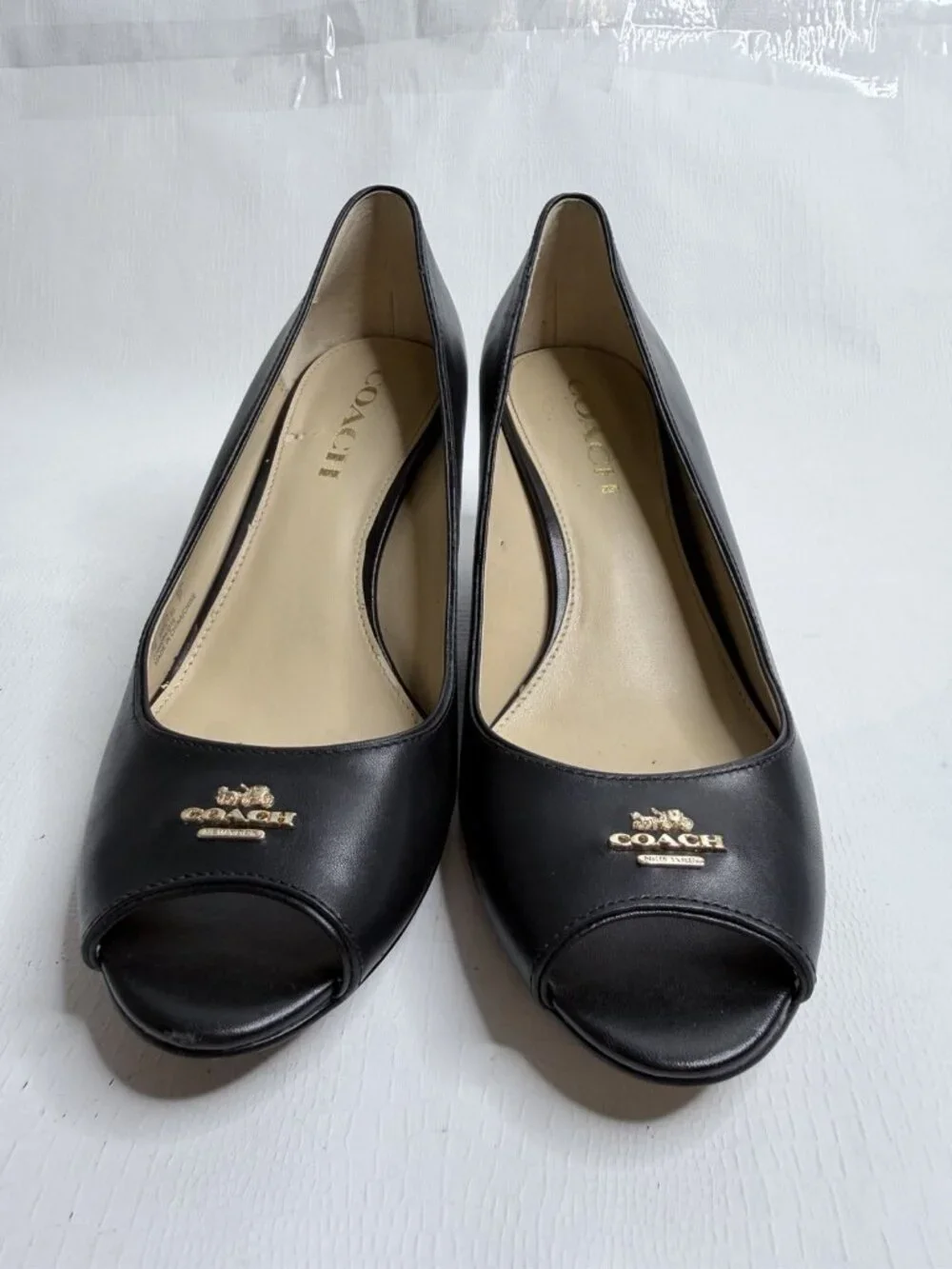 Coach Black Leather Peep Toe Wedge Heels Gold Badge Women’s Sz 7B